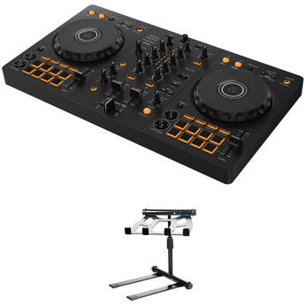 Pioneer DJ DDJ-FLX4 Portable 2-Channel rekordbox DJ and Serato Controller Kit with Laptop/Controller Stand