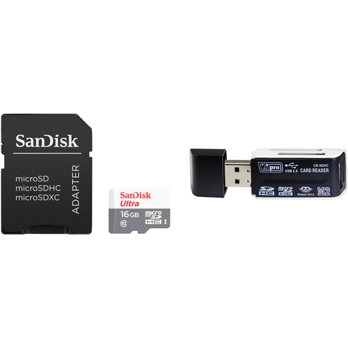 SanDisk 16GB MicroSDHC Memory Card with Adapter + Card Reader
