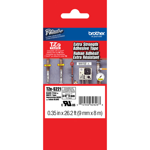 Brother TZeS221 Tape with ExtraStrength Adhesive for P-Touch Labelers (Black on White 3/8