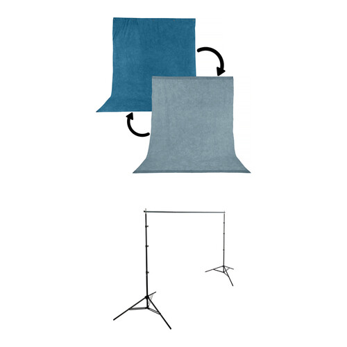 Impact Background Kit with 10 x 24' Stone Blue/Nickel Reversible Muslin Backdrop
