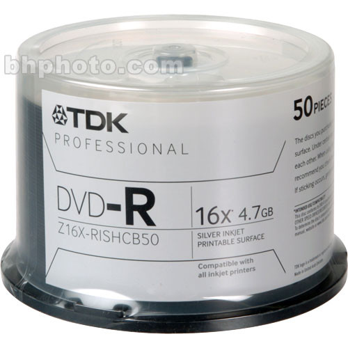 TDK DVD R 4 7GB Silver Inkjet Disc 50 Z16X RISHCB50 B H Photo tdk-dvd-r-4-7gb-silver-inkjet-disc-50-z16x-rishcb50-b-h-photo
