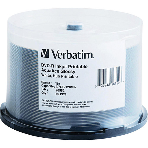 Verbatim DVD R AquaAce Glossy White Inkjet Printable Hub 96552