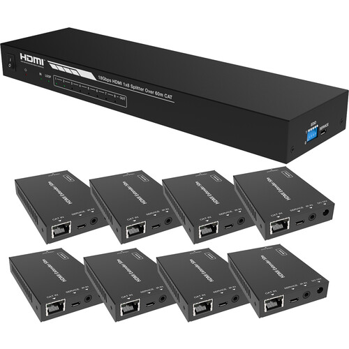 A-Neuvideo 1x8 4K60 HDMI over Cat 6 Extender Splitter with PoE Auto Setup & 8 x Receivers (196')