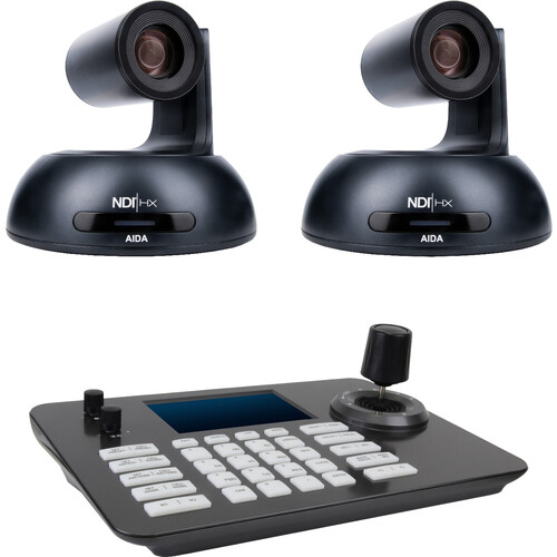 AIDA Imaging 2 x HD NDI HX PTZ Cameras with 18x Zoom + PTZ View IP Controller Bundle (Black)