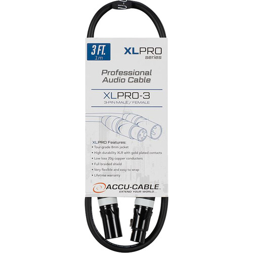 American DJ Accu-Cable XLPRO-3 XLR3M to XLR3F Audio Cable (3')
