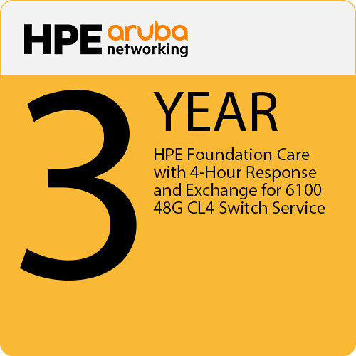Aruba 3-Year HPE Foundation Care with 4-Hour Response and Exchange for 6100 48G CL4 Switch Service