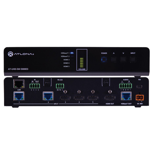 Atlona 4K/UHD 5-Input HDMI Switcher with Two HDBaseT In & Mirrored HDMI/HDBaseT Out