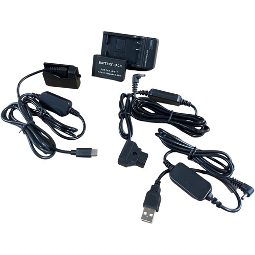 Bescor LP-E17 Battery Charger USB-C Dummy Battery Kit with USB Type-A and D-Tap Converter