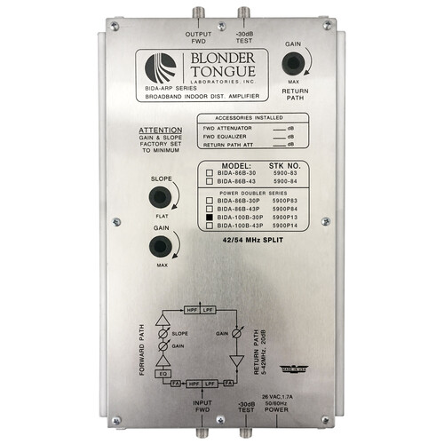 Blonder Tongue BIDA-5900 Series Broadband Indoor Distribution Amplifier with Power Doubling (30 dB 54-1000 MHz)