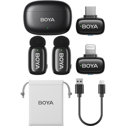 BOYA mini 2-Person Tiny Wireless Microphone System with Lightning & USB-C Connectors for Mobile Devices (2.4 GHz Black)
