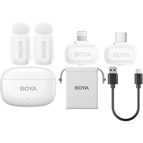 BOYA mini 2-Person Tiny Wireless Microphone System with Lightning & USB-C Connectors for Mobile Devices (2.4 GHz White)