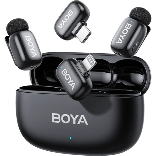 BOYA mini 2 2-Person Wireless Microphone System with Two Receivers with Lightning and USB-C Connectors (Black with Charging Case)