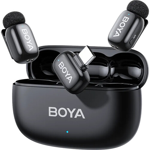 BOYA mini 2 2-Person Wireless Microphone System with One Receiver with USB-C Connector (Black with Charging Case)