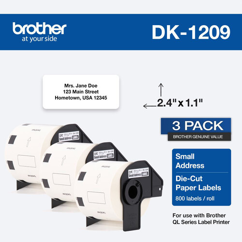 Brother DK1209 Small Address Die-Cut Paper Labels (White 800 Labels 1.1 x 2.4