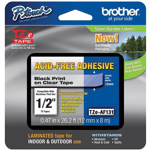 Brother 1/2" Black on Clear AcidFree Tape TZEAF131 B&H