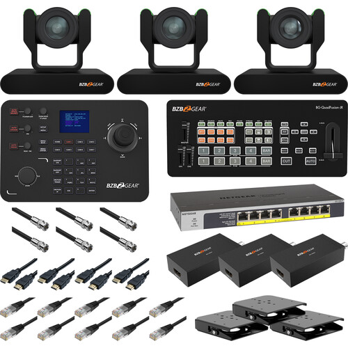 BZBGEAR Complete House of Worship Live Streaming Kit with Three PTZ Cameras Controller Mixer Ceiling Mount (Black)