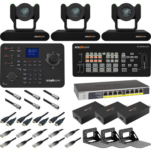 BZBGEAR Complete House of Worship Live Streaming Kit with Three PTZ Cameras Controller Mixer Wall Mount (Black)