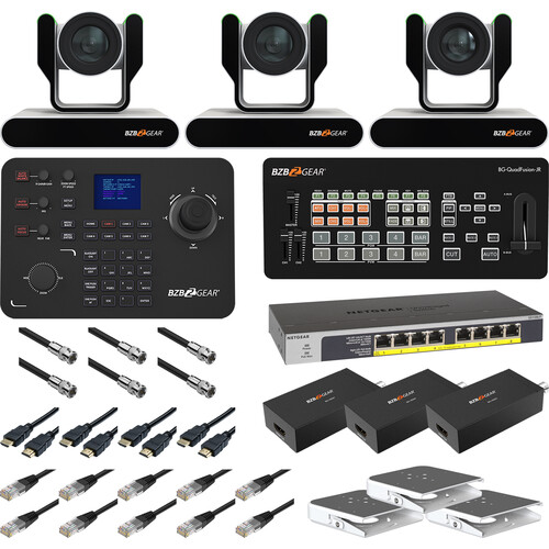 BZBGEAR Complete House of Worship Live Streaming Kit with Three PTZ Cameras Controller Mixer Ceiling Mount (White)