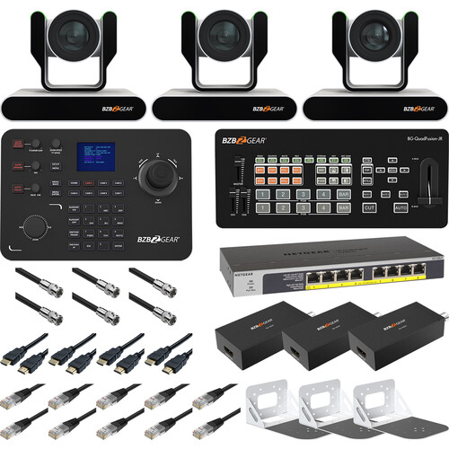 BZBGEAR Complete House of Worship Live Streaming Kit with Three PTZ Cameras Controller Mixer Wall Mount (White)