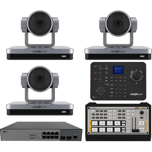 BZBGEAR Broadcast Kit with 3 x 4K NDI PTZ Cameras Controller 4-Port Mixer & 8-Port Switch