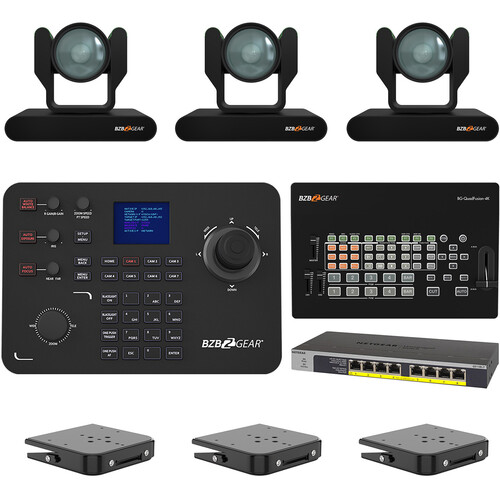 BZBGEAR ADAMO 4K Live Streaming Kit with Three 12x Cameras Controller Switches & Ceiling Mount (Black)