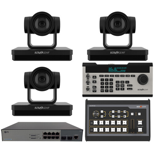 BZBGEAR 3 x 12x PTZ Camera Broadcast Kit with 6-Channel Mixer 8-Port Switch & Controller (Black)