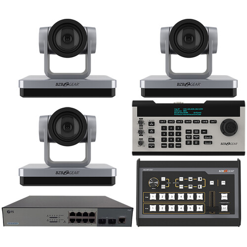 BZBGEAR 3 x 12x PTZ Camera Broadcast Kit with 6-Channel Mixer 8-Port Switch & Controller (Silver)