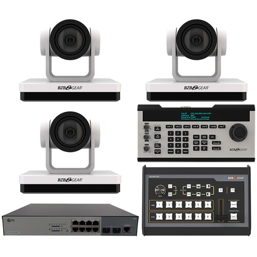 BZBGEAR 3 x 12x PTZ Camera Broadcast Kit with 6-Channel Mixer 8-Port Switch & Controller (White)