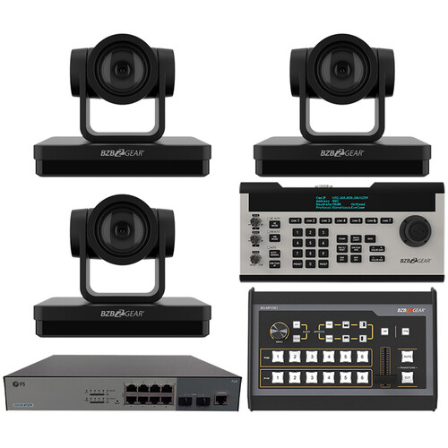 BZBGEAR 3 x 30x PTZ Camera Broadcast Kit with 6-Channel Mixer 8-Port Switch & Controller (Black)