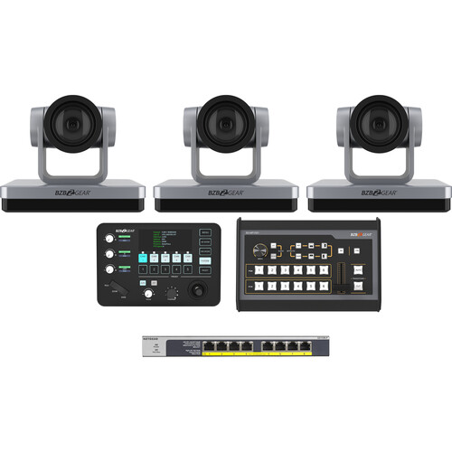 BZBGEAR 3 x 30x PTZ Camera Broadcast Kit with 6-Channel Mixer 8-Port Switch & Controller (Silver)