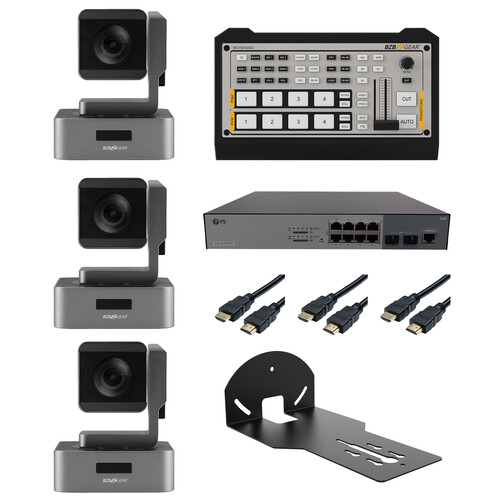 BZBGEAR Podcast Kit with 3 x 10x PTZ Cameras/Mixer/PoE Switch/Wall Mount/Cable