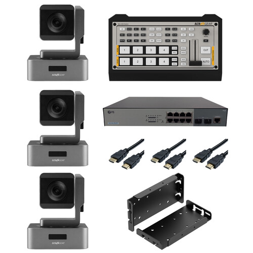 BZBGEAR Podcast Kit with 3 x 30x PTZ Cameras/Mixer/PoE Switch/Ceiling Mount/Cable