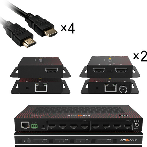 BZBGEAR Sports Bar & Restaurant Video Wall + HDMI Matrix Package with 4 x HDMI Extenders