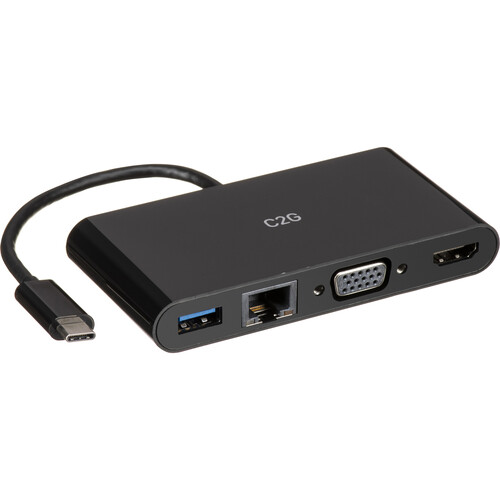 C2G USB Type-C to HDMI VGA USB Type-A and RJ45 Multiport Adapter (Black)