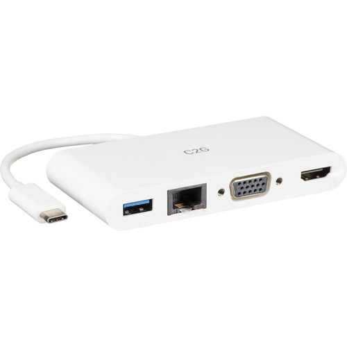 C2G USB Type-C to HDMI VGA USB Type-A and RJ45 Multiport Adapter (White)