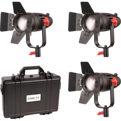 CAME-TV Boltzen B-30 Fresnel 30W Fanless Focusable LED Daylight 3-Light Kit, Includes 3X Removable Barndoors, 3X Power Adapter, 3X D-Tap Cable & Hard Carrying Case