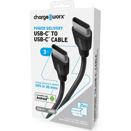 ChargeWorx Power Delivery USB Type-C Male Cable (3' Black)