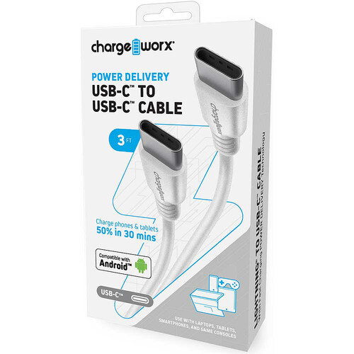 ChargeWorx Power Delivery USB Type-C Male Cable (3' White)