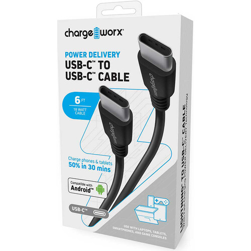 ChargeWorx Power Delivery USB Type-C Male Cable (6' Black)