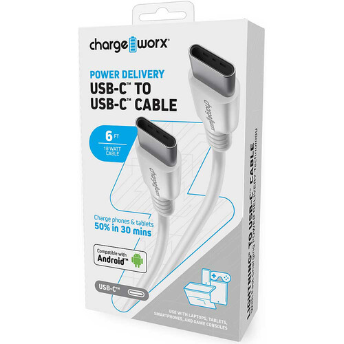 ChargeWorx Power Delivery USB Type-C Male Cable (6' White)