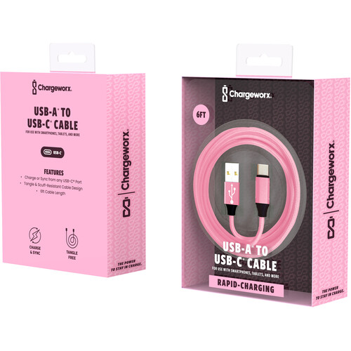 ChargeWorx USB-A to USB-C Charge & Sync Cable (6' Pink)