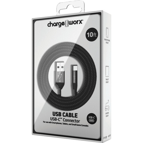 ChargeWorx USB Type-C to USB Type-A Male Cable (10' Black)