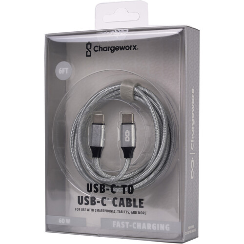 ChargeWorx Nylo-Tuff USB-C 60W Charging Cable (Silver 6')