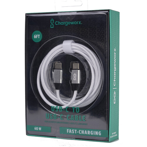 ChargeWorx Nylo-Tuff USB-C 60W Charging Cable (White 6')