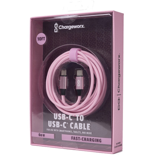ChargeWorx Nylo-Tuff USB-C 60W Charging Cable (Pink 10')
