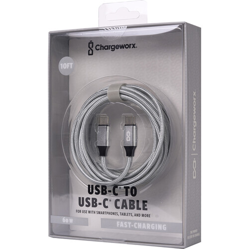 ChargeWorx Nylo-Tuff USB-C 60W Charging Cable (Silver 10')