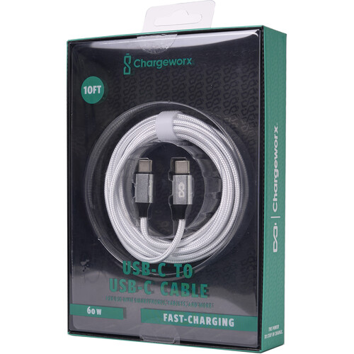 ChargeWorx Nylo-Tuff USB-C 60W Charging Cable (White 10')