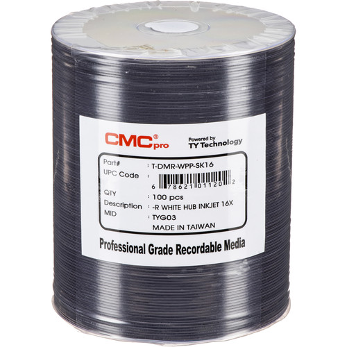 CMC Pro 4.7GB DVD-R 16x White Inkjet Hub Printable Discs (100-Pack Tape Wrap)