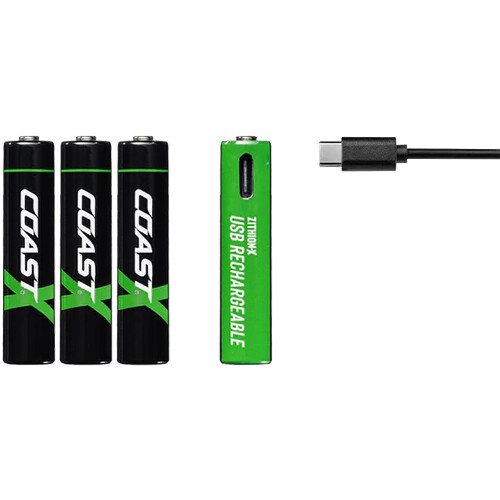 COAST Zithion-X AAA Rechargeable Lithium-Ion Batteries with USB-C Port (1.5V 750mAh 4-Pack)