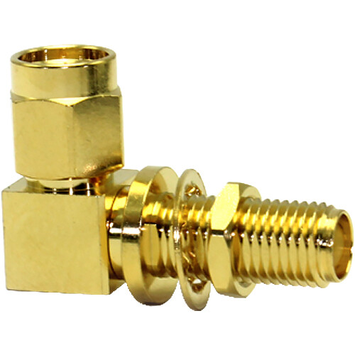 COAX Connectors SMA Right-Angle Bulkhead Jack to Plug Adapter (Gold-Plated Body & Center Contact)